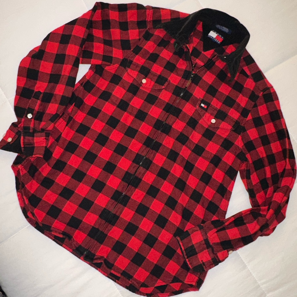 Vintage Tommy Hilfiger Zip-Up Buffalo Plaid Flannel Shirt With Corduroy Collar